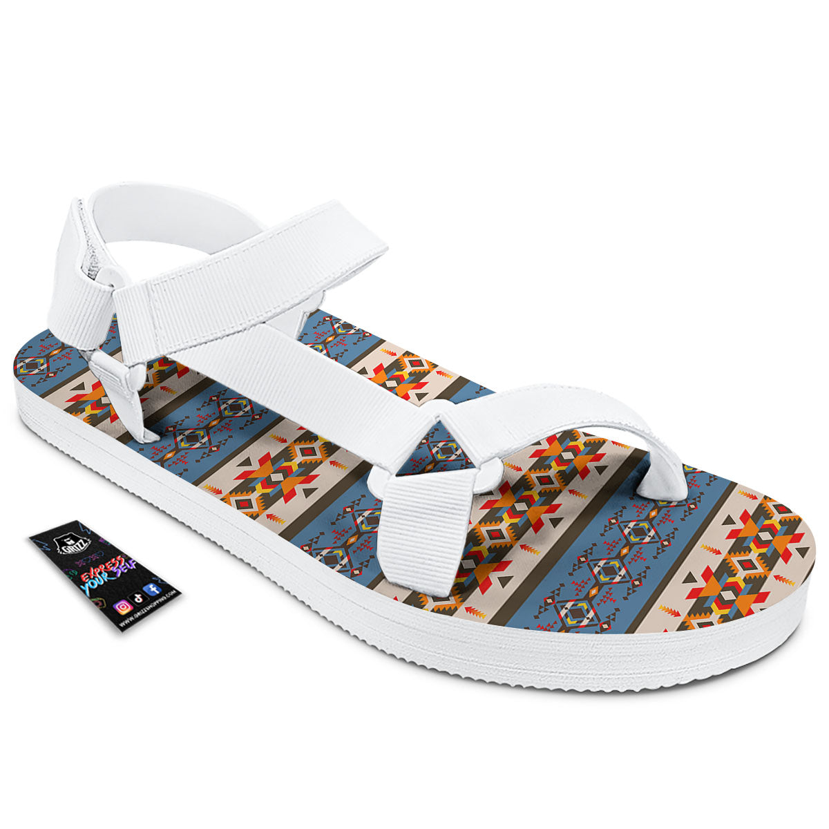 American Native Tribal Navajo Print White Open Toe Sandals-grizzshop