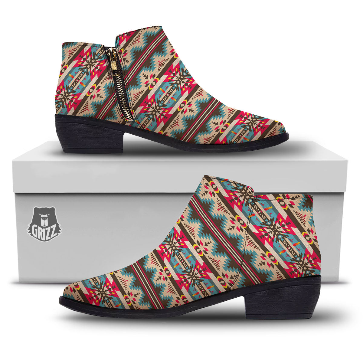 American Native Tribal Print Pattern Ankle Boots-grizzshop