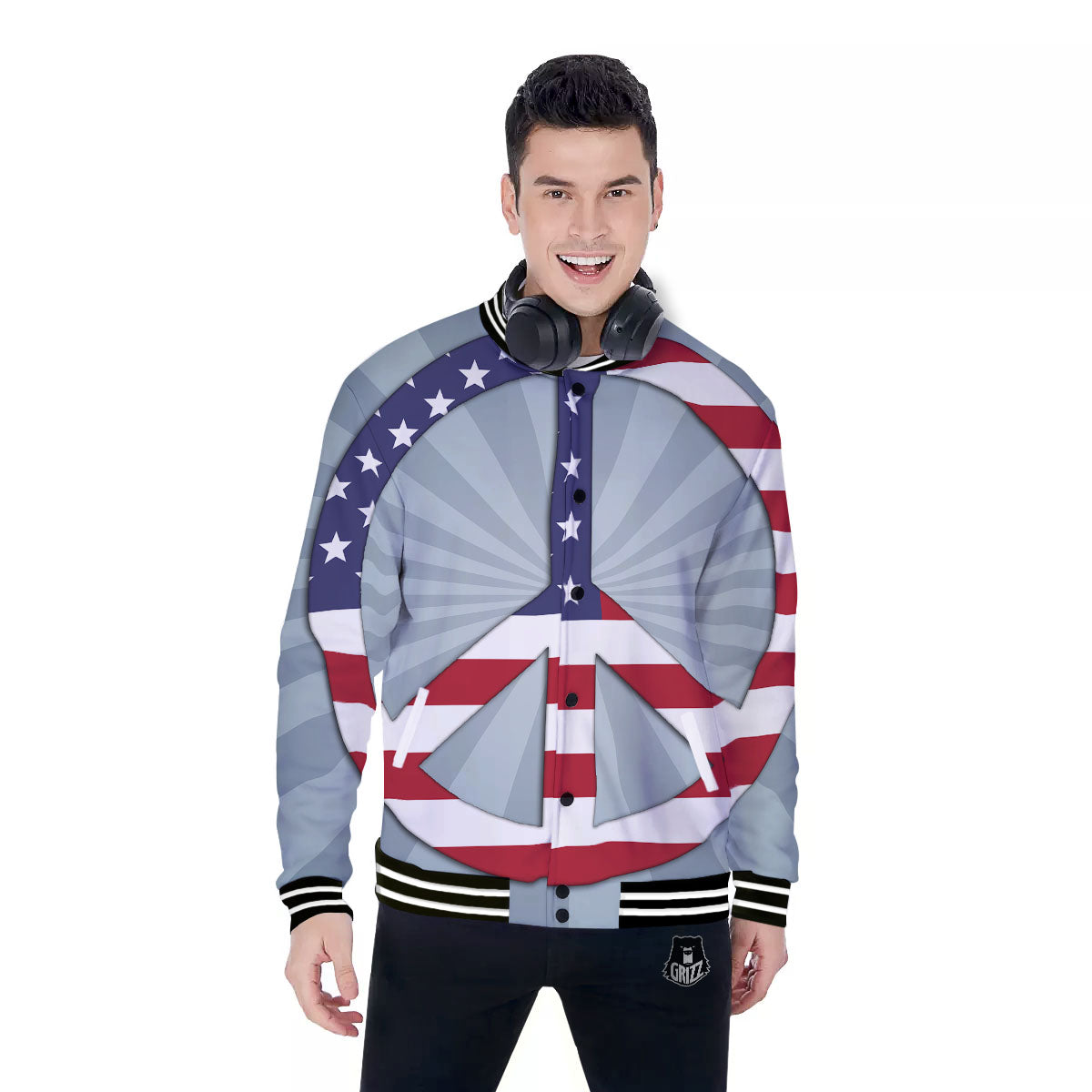 American Peace Flag Print Baseball Jacket-grizzshop