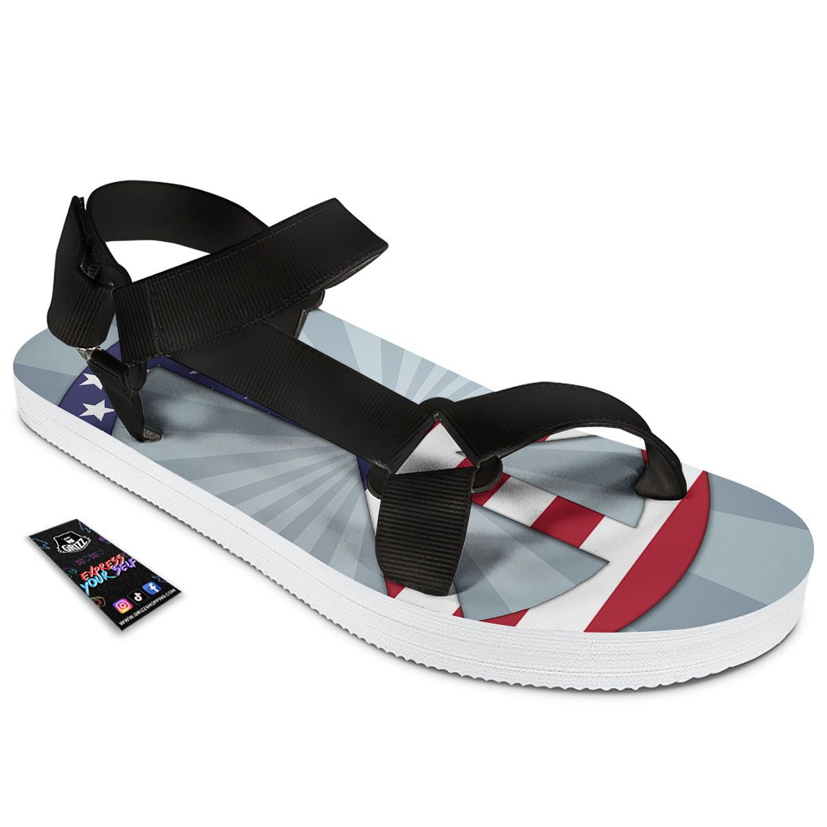 American Peace Flag Print Black Open Toe Sandals-grizzshop