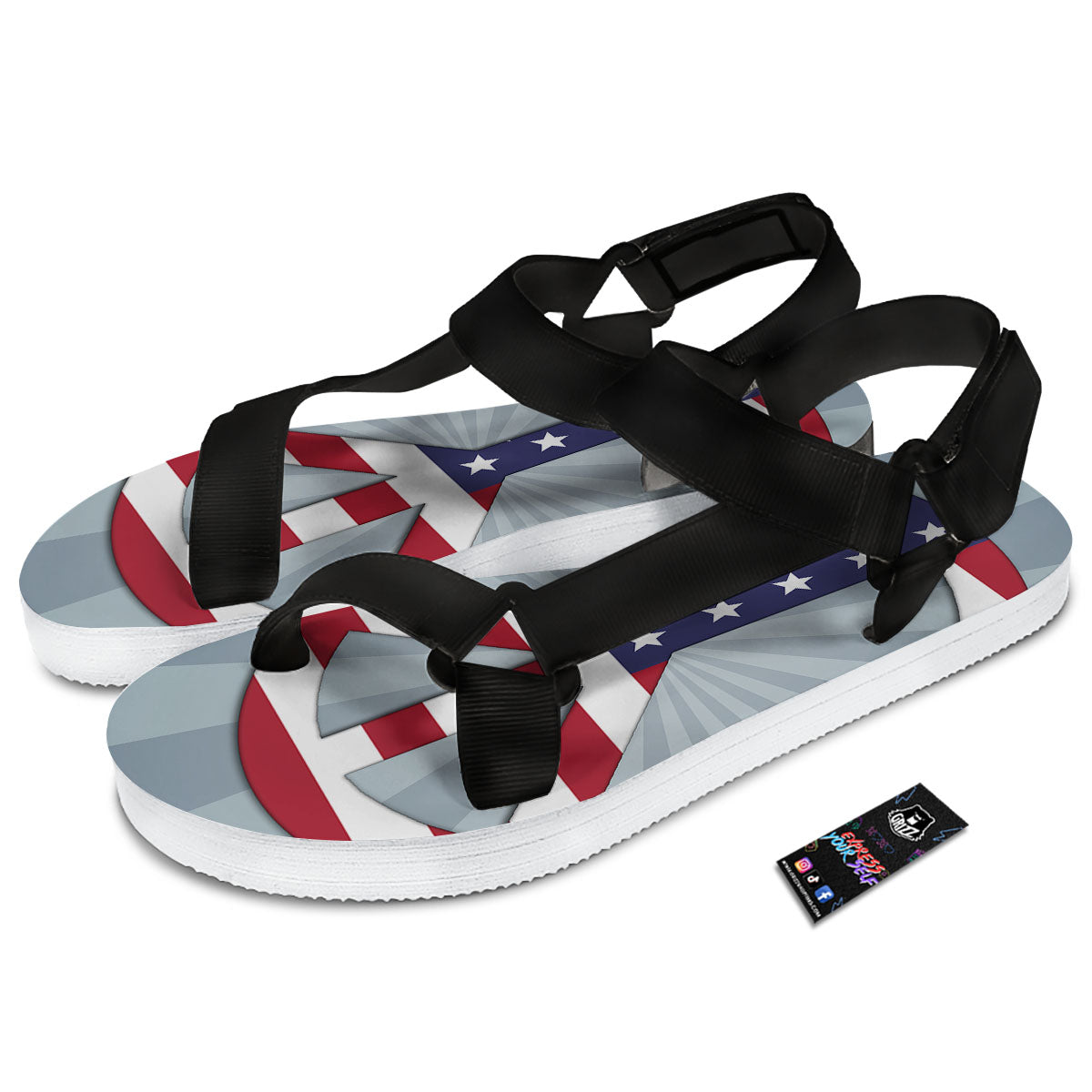 American Peace Flag Print Black Open Toe Sandals-grizzshop
