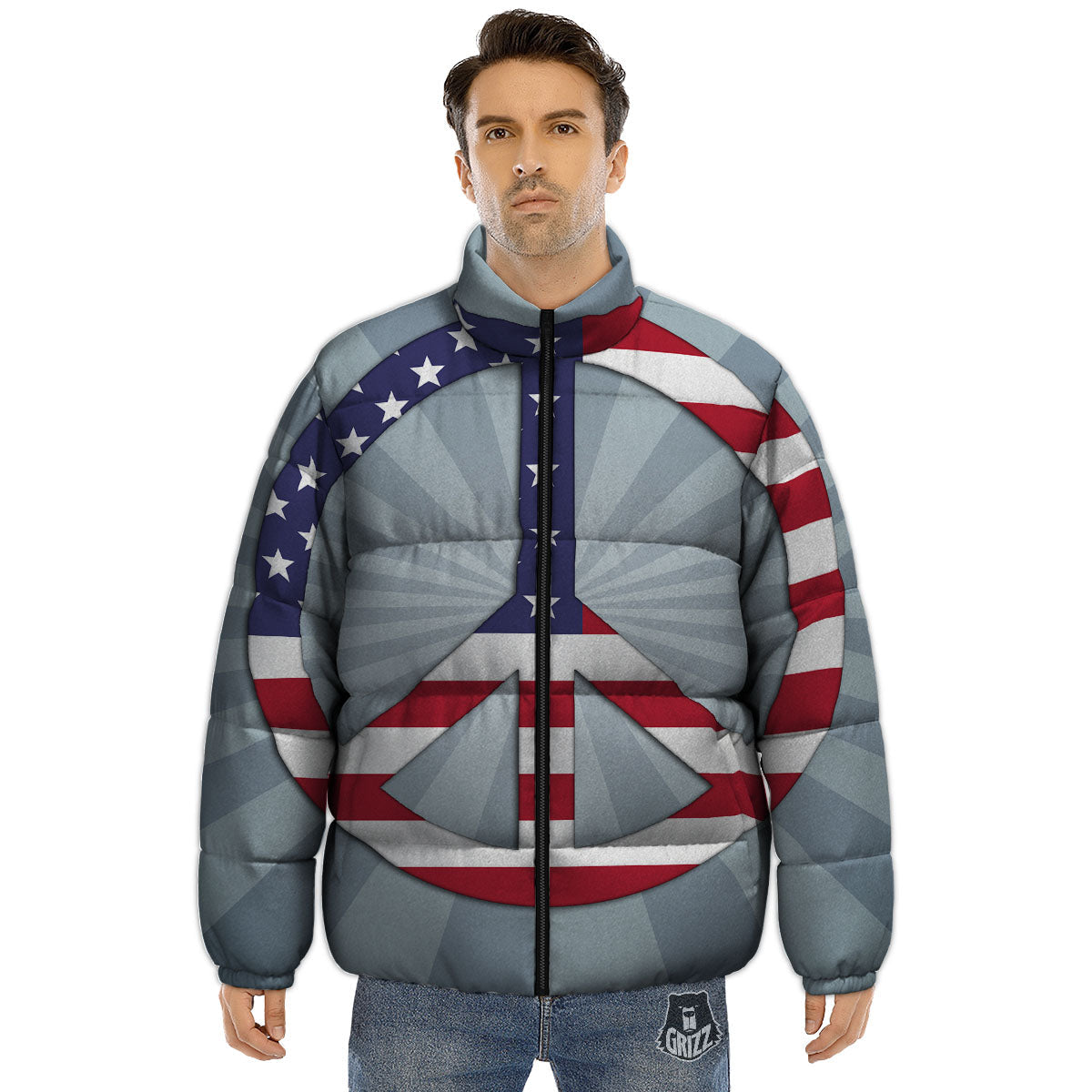American Peace Flag Print Puffer Jacket-grizzshop