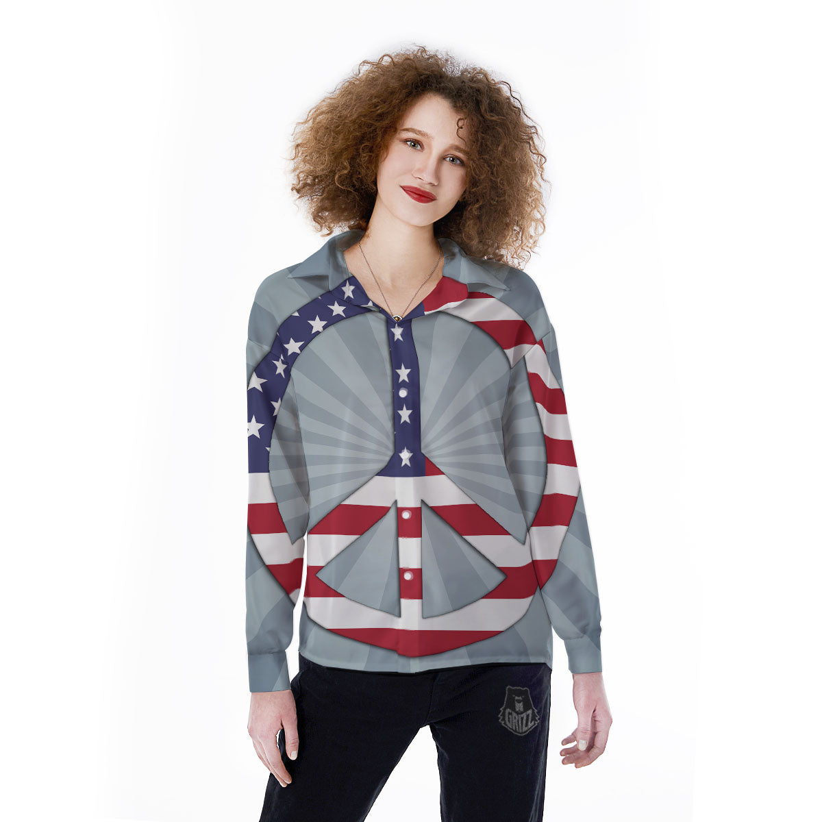 American Peace Flag Print Women's Long Sleeve Shirts-grizzshop