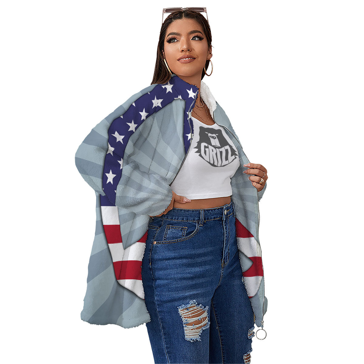 American Peace Flag Print Women's Sherpa Jacket-grizzshop