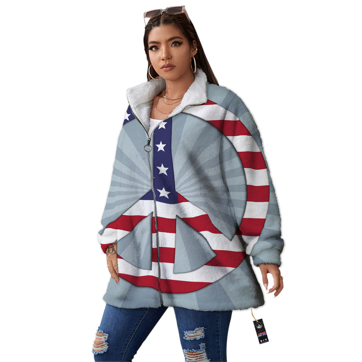 American Peace Flag Print Women's Sherpa Jacket-grizzshop
