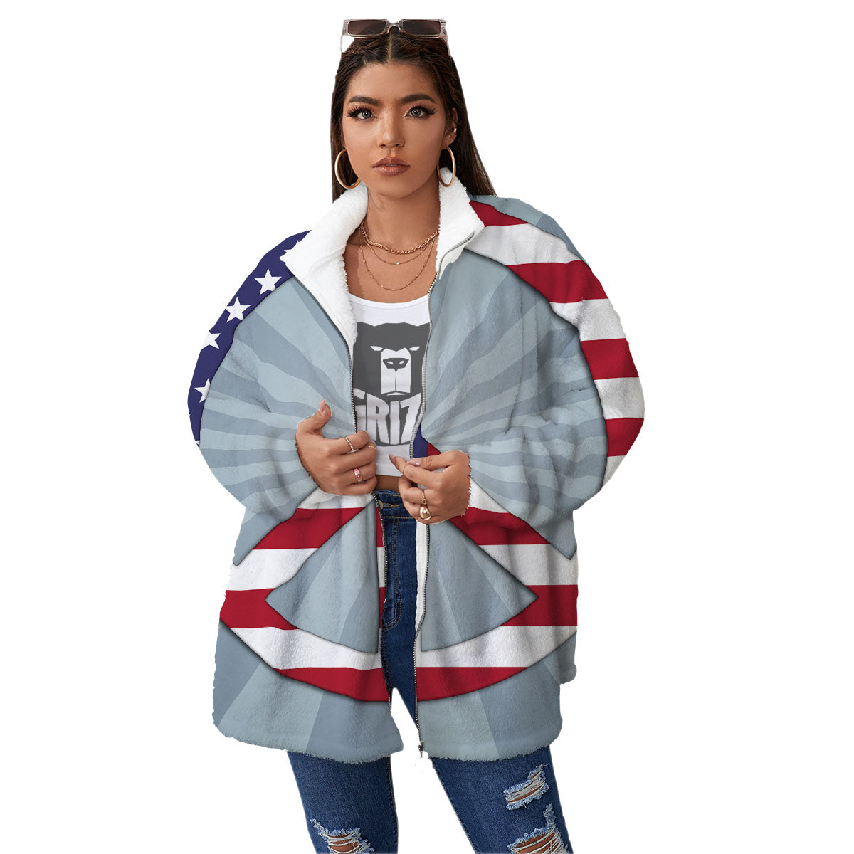 American Peace Flag Print Women's Sherpa Jacket-grizzshop