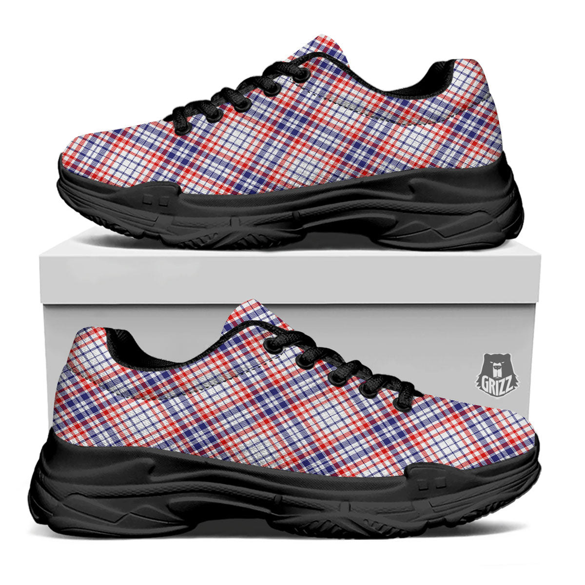 American Plaid 4th of July Print Black Chunky Shoes-grizzshop