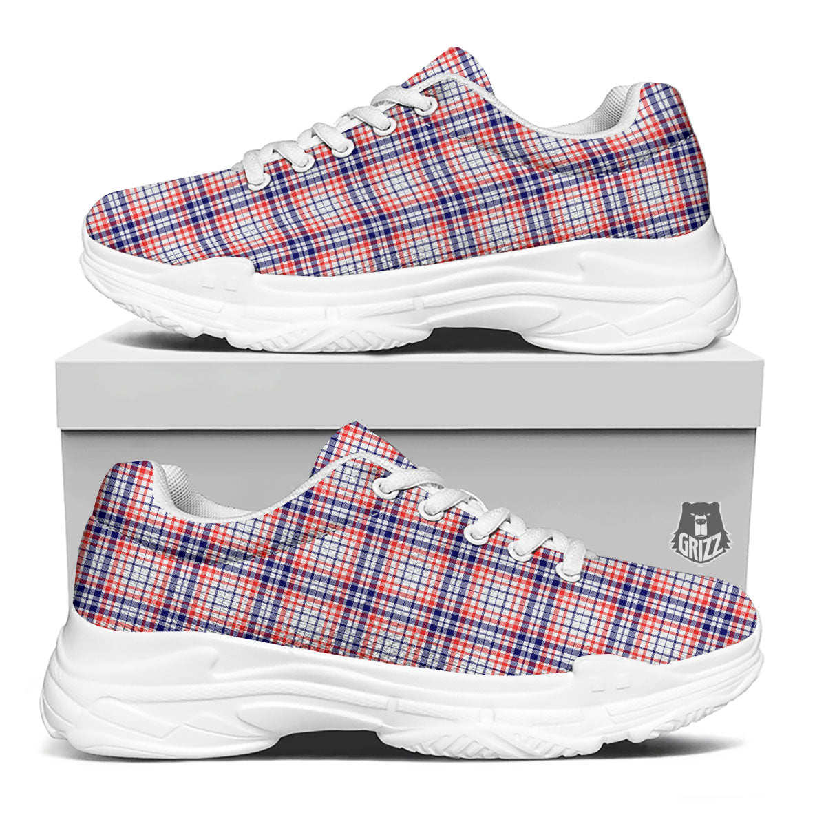 American Plaid Fourth of July Print White Chunky Shoes-grizzshop
