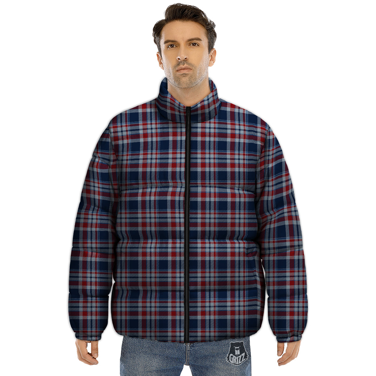 American Plaid Print Pattern Puffer Jacket-grizzshop