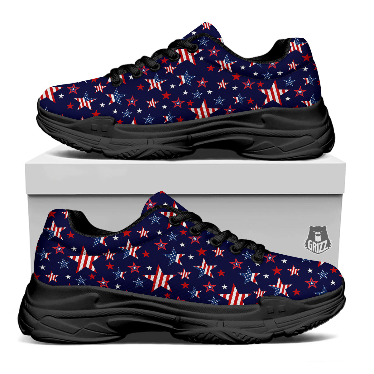American Star Print Pattern Black Chunky Shoes-grizzshop