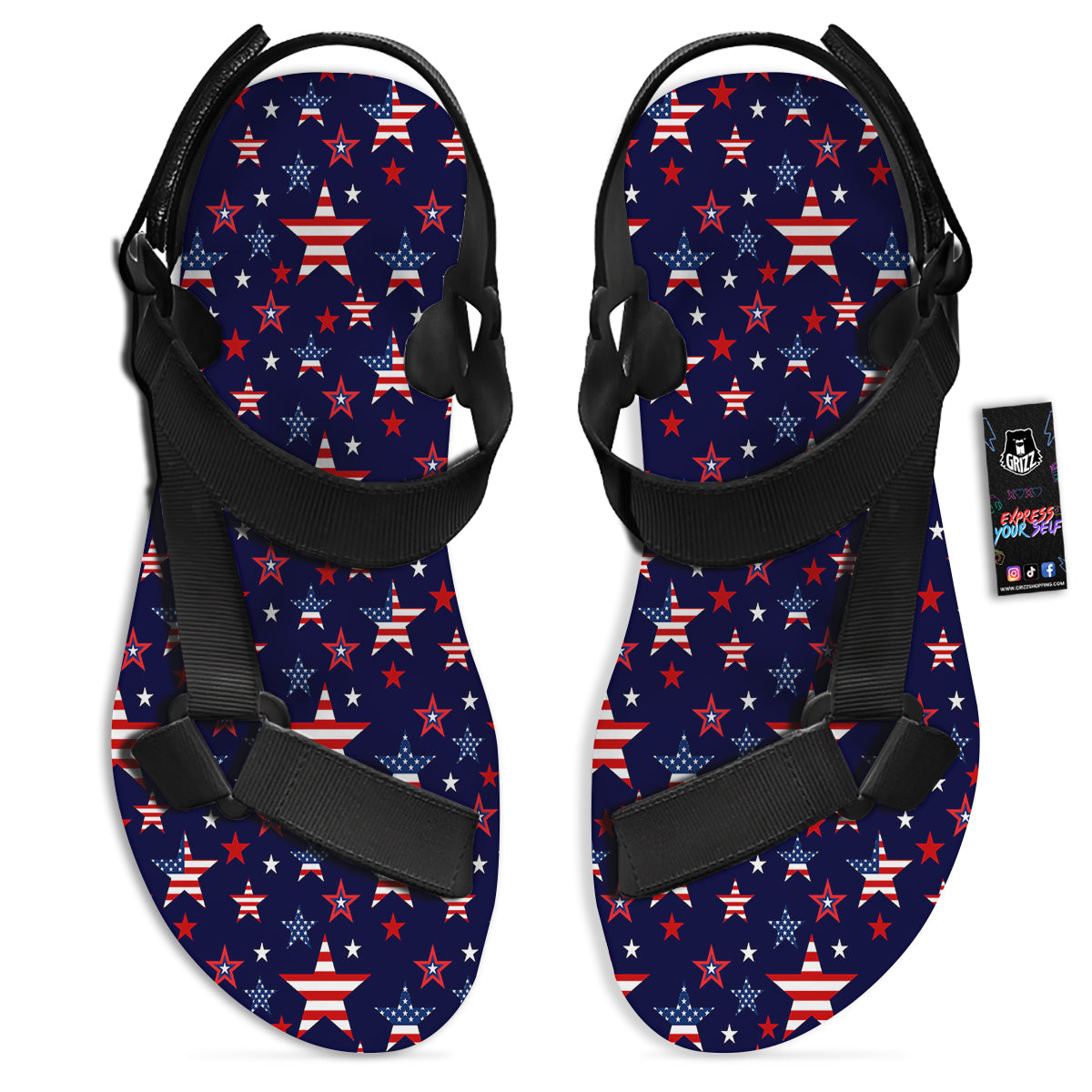 American Star Print Pattern Black Open Toe Sandals-grizzshop