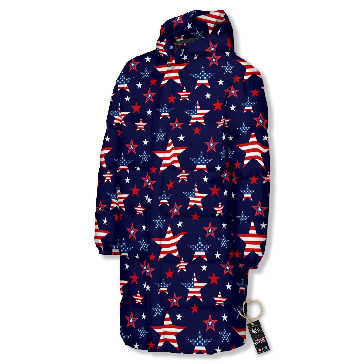 American Star Print Pattern Long Down Jacket-grizzshop