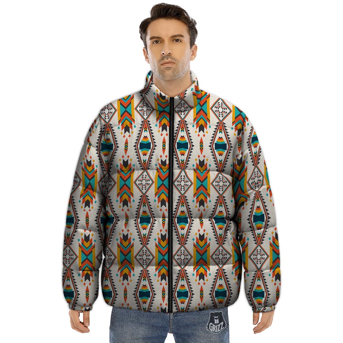 American Tribal Native Print Pattern Puffer Jacket-grizzshop