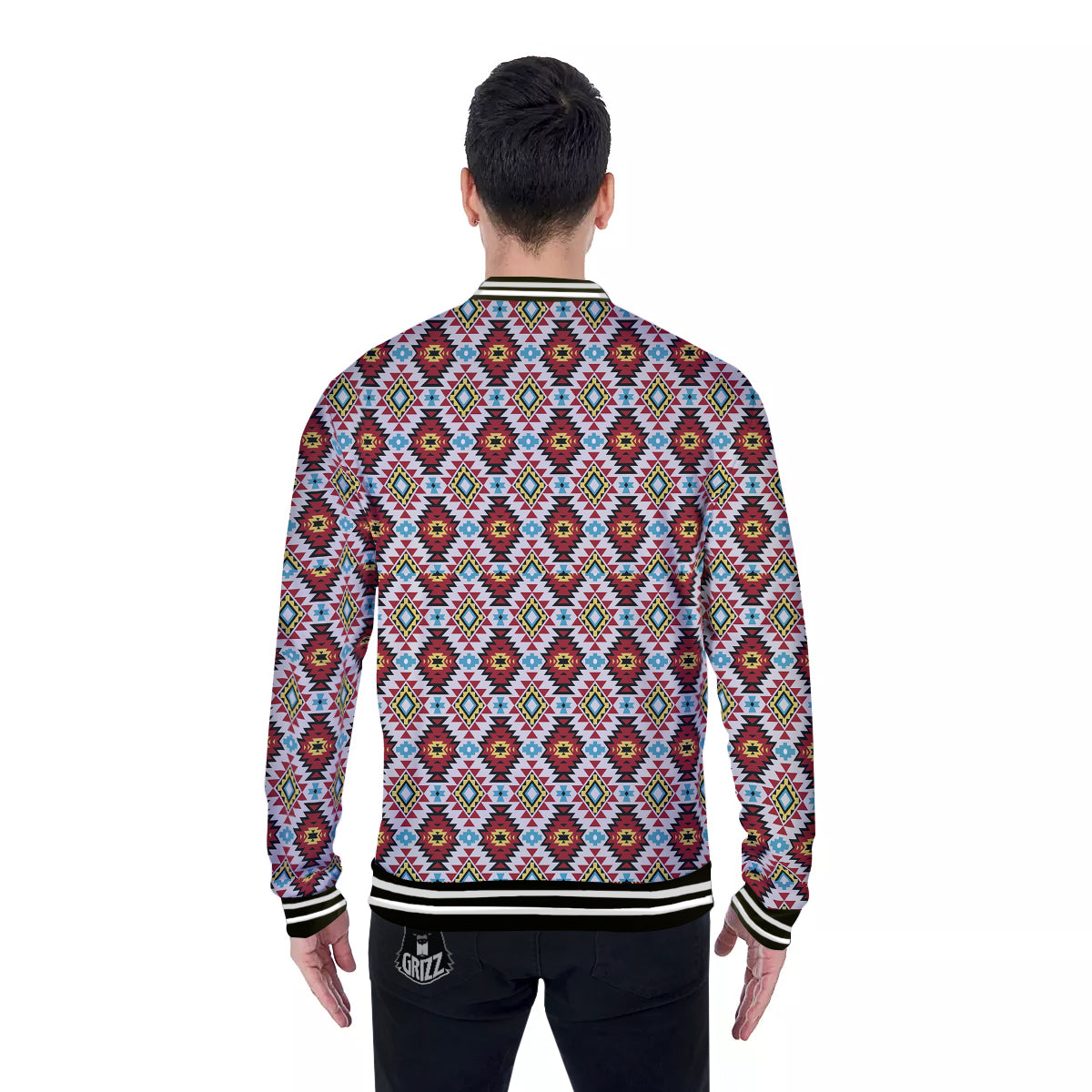 American Turquoise Native Print Pattern Baseball Jacket-grizzshop
