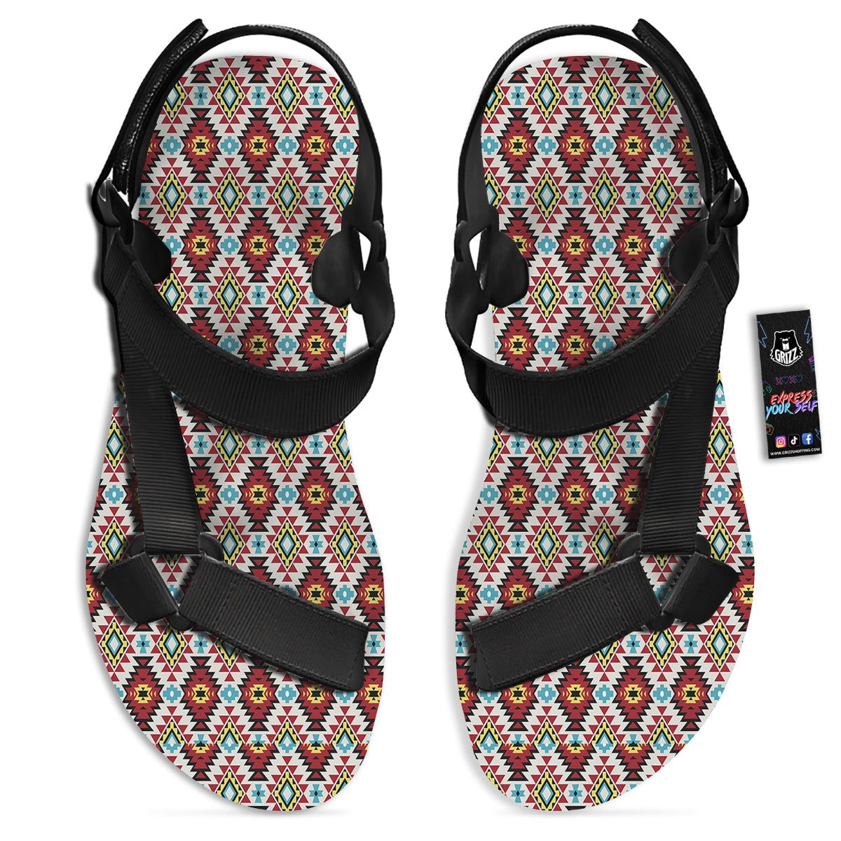 American Turquoise Native Print Pattern Black Open Toe Sandals-grizzshop