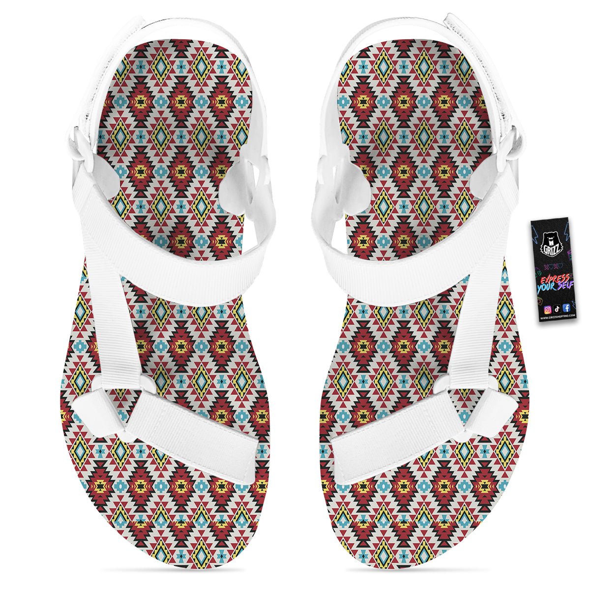 American Turquoise Native Print Pattern White Open Toe Sandals-grizzshop