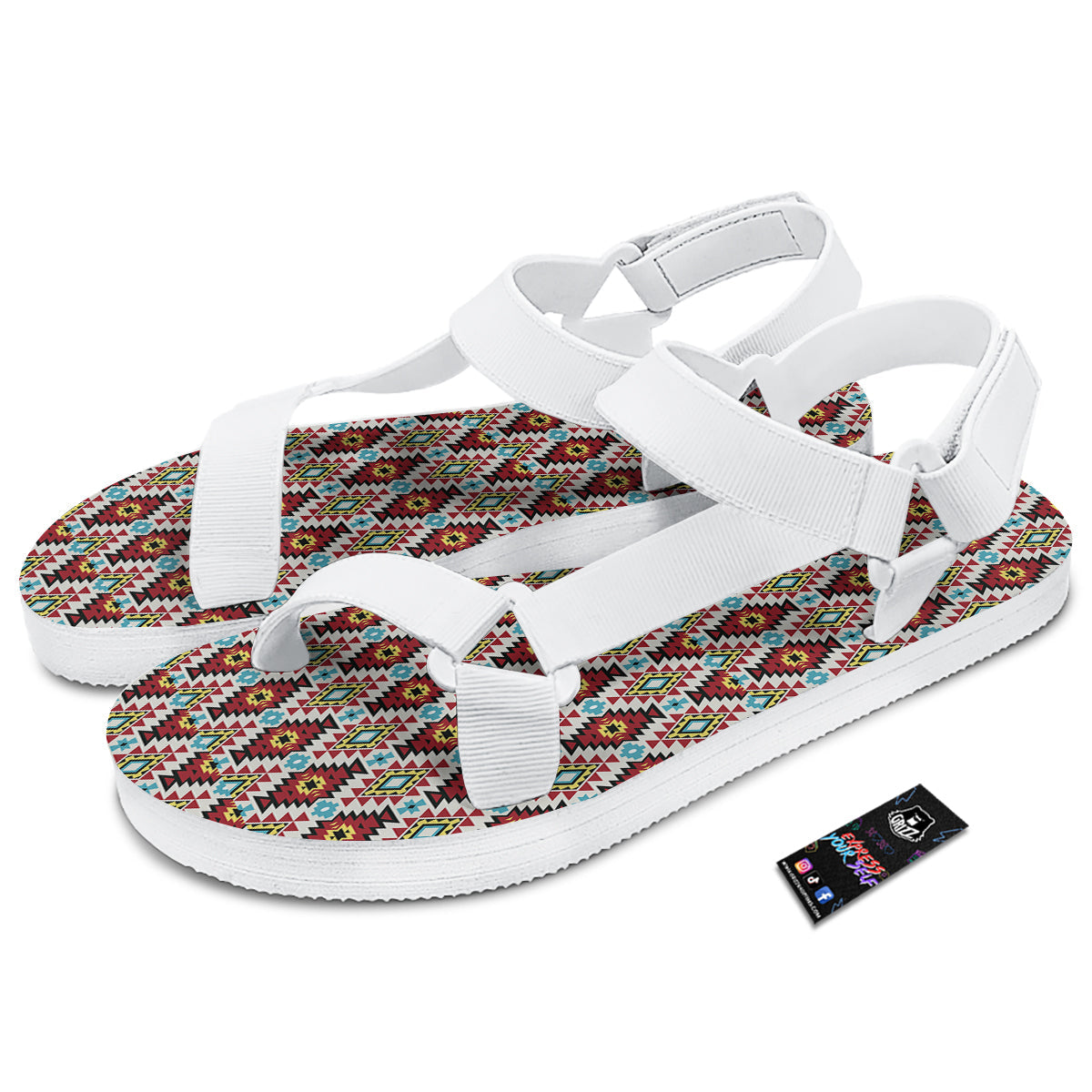 American Turquoise Native Print Pattern White Open Toe Sandals-grizzshop