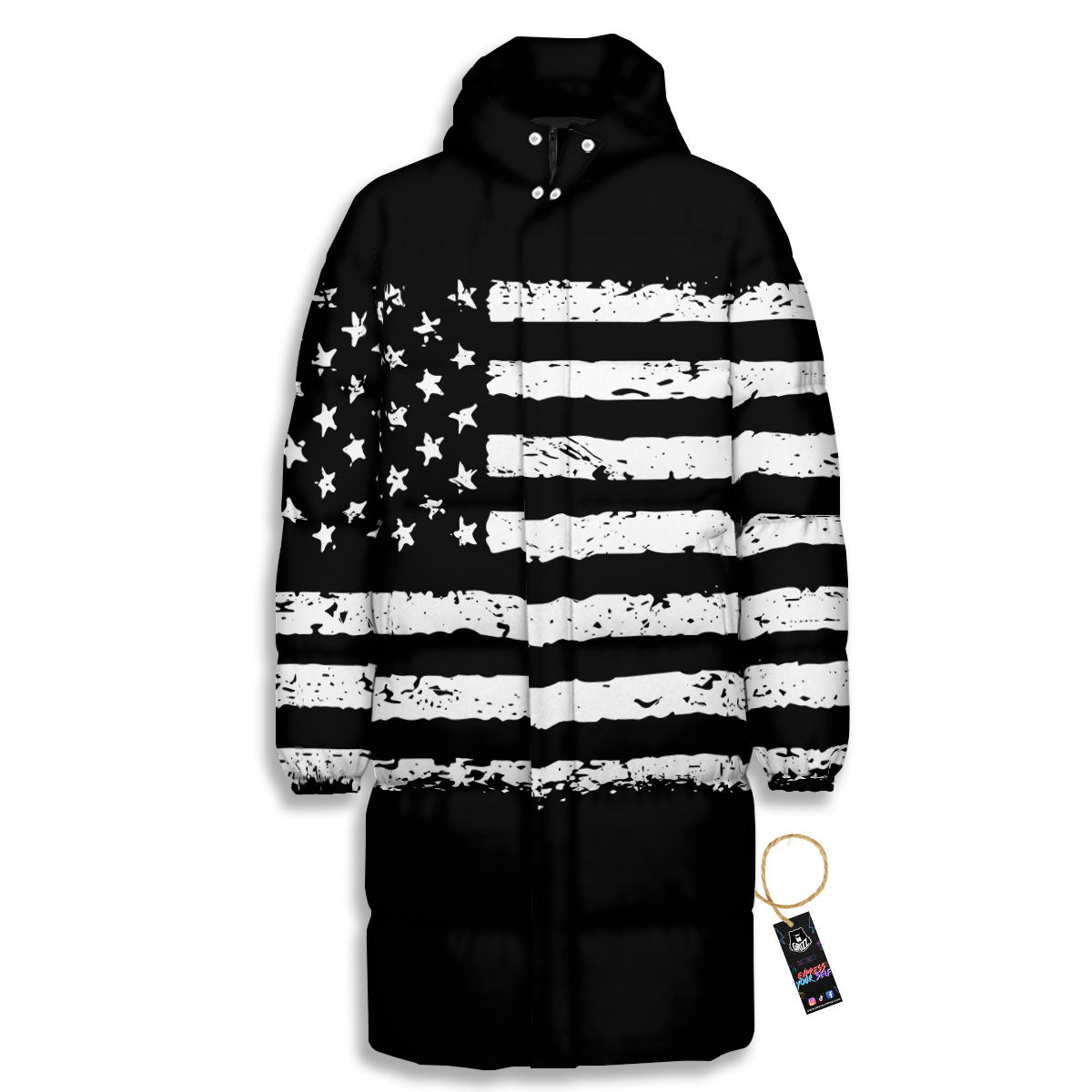 American Flag Black Print Long Down Jacket