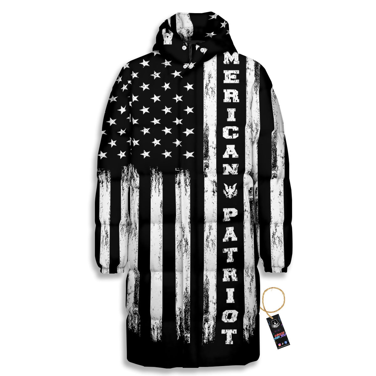American Flag Grunge White And Black Print Long Down Jacket