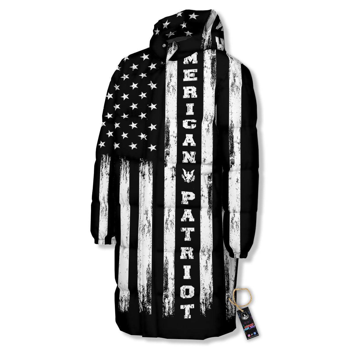 American Flag Grunge White And Black Print Long Down Jacket