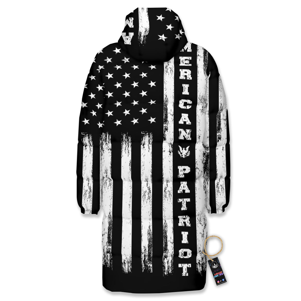 American Flag Grunge White And Black Print Long Down Jacket