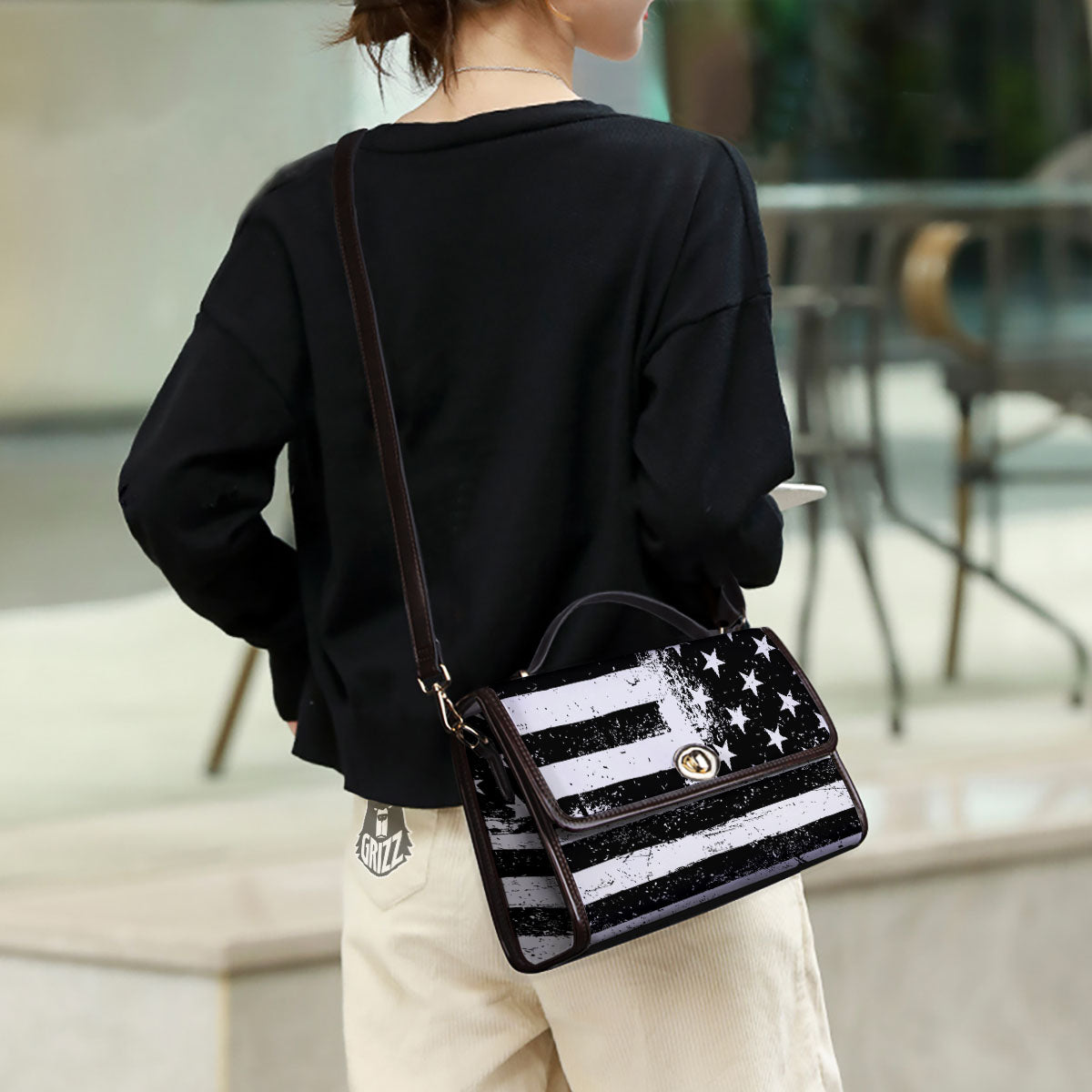 American Flag Monochrome Grunge Print Women's Satchel Bag