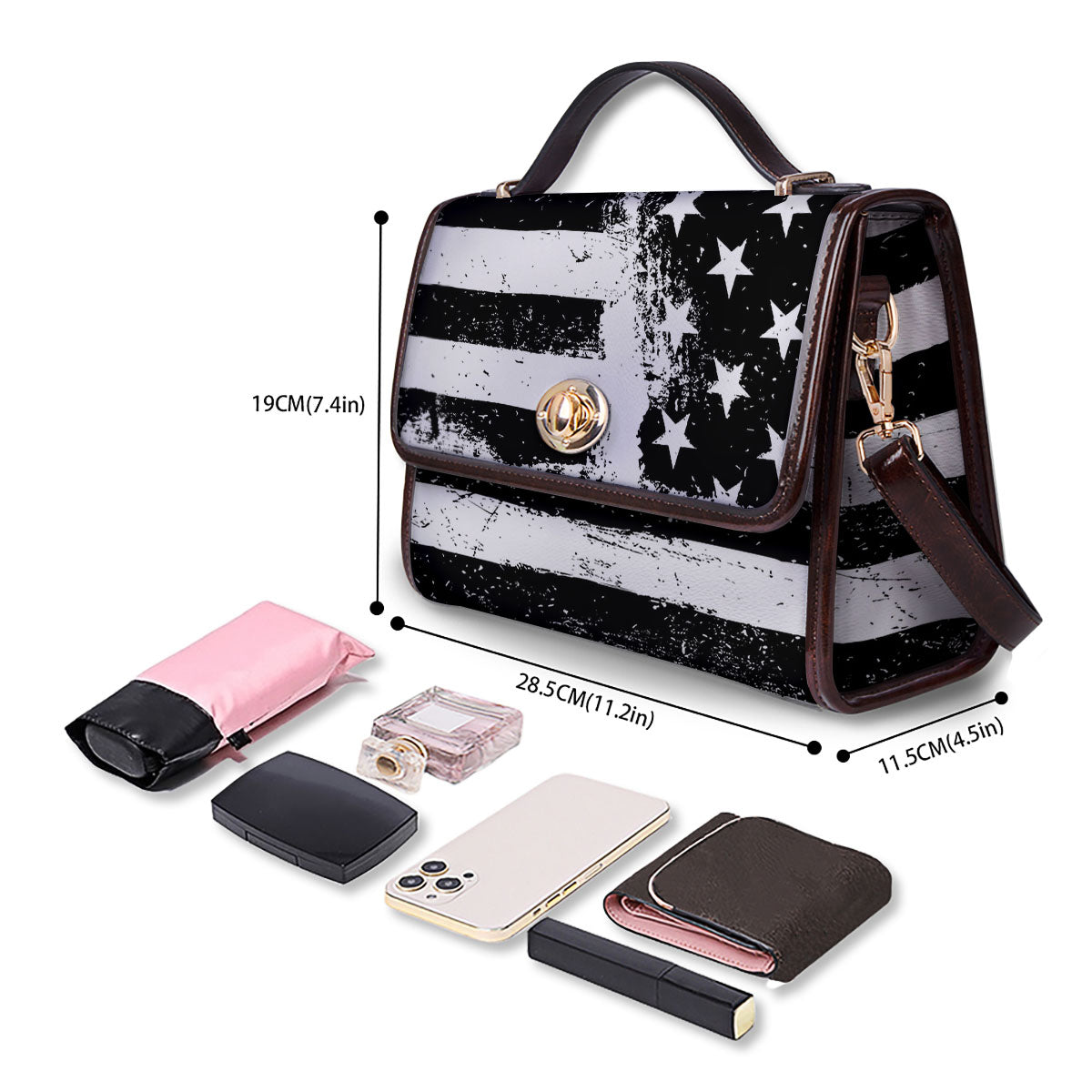 American Flag Monochrome Grunge Print Women's Satchel Bag