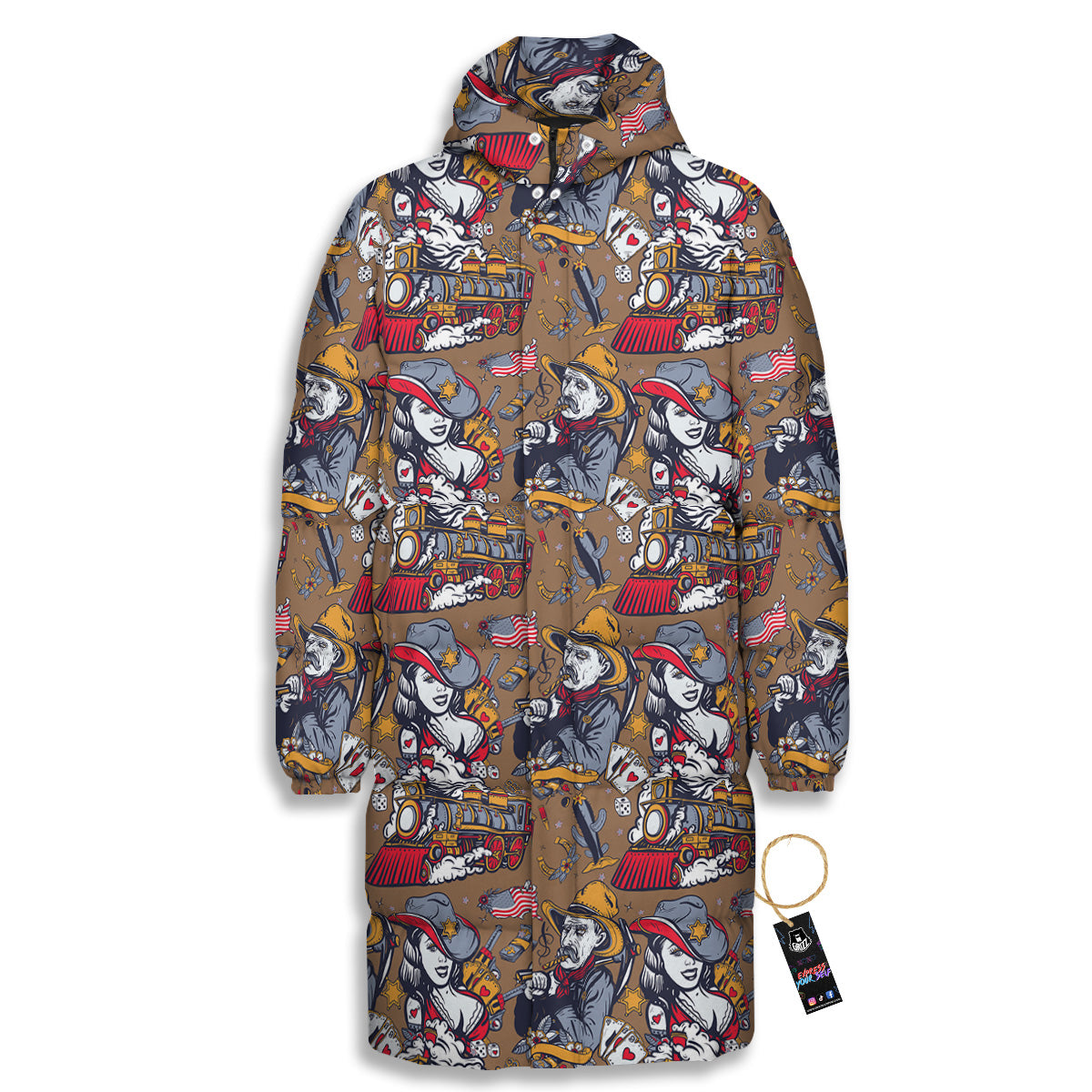 American Old West History Print Pattern Long Down Jacket