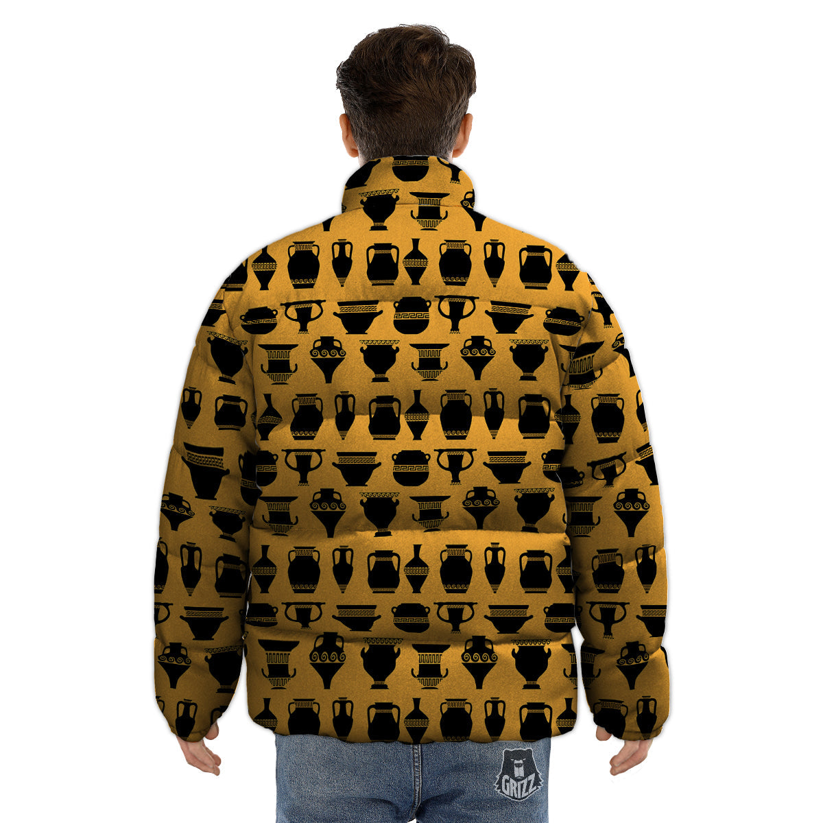 Amphora Black And Yellow Print Pattern Puffer Jacket-grizzshop