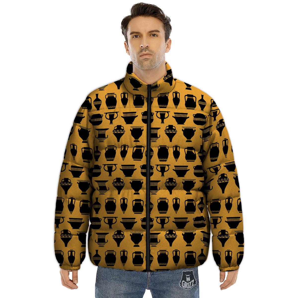 Amphora Black And Yellow Print Pattern Puffer Jacket-grizzshop