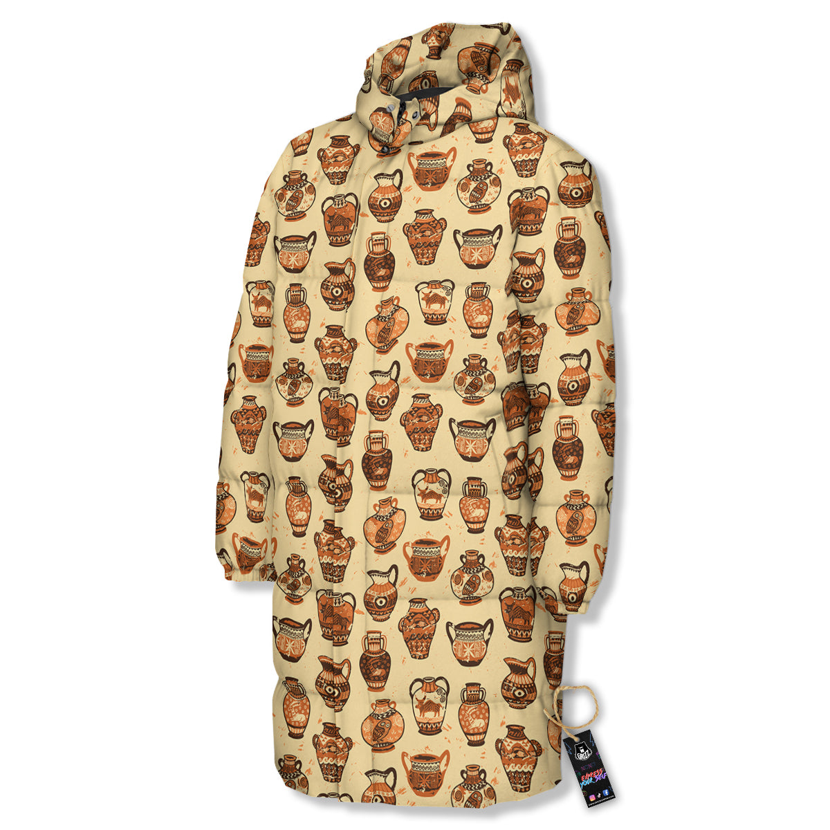 Amphora Greek Vintage Print Pattern Long Down Jacket-grizzshop