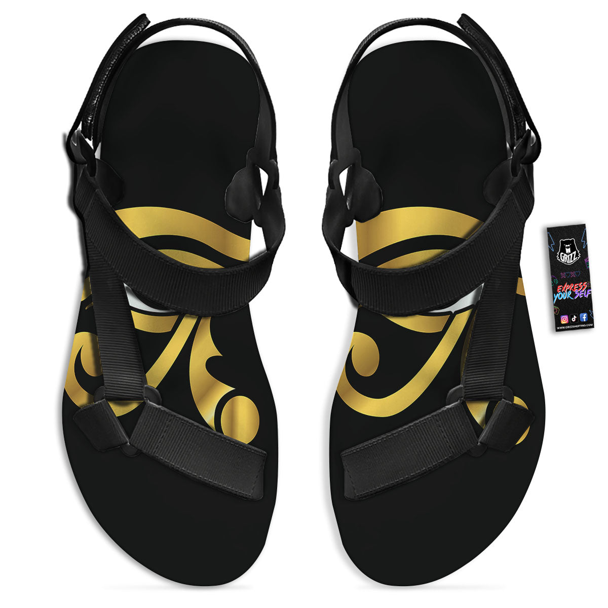 Amulet Eye Of Horus Print Black Open Toe Sandals-grizzshop
