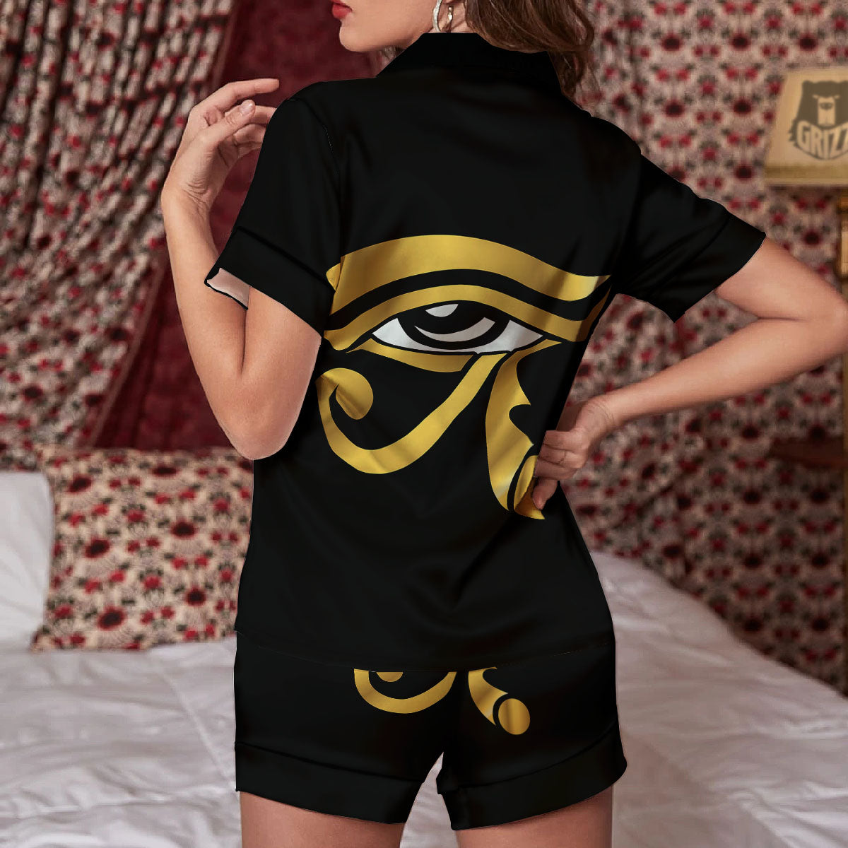 Amulet Eye Of Horus Print Women Silk Pajamas-grizzshop