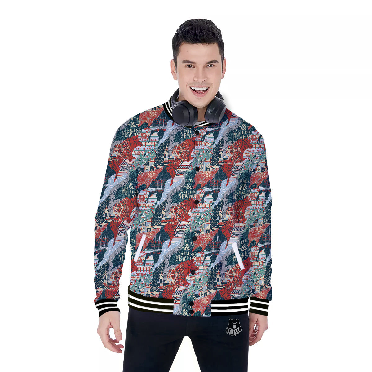 Anchor Abstract Nautical Print Pattern Baseball Jacket-grizzshop