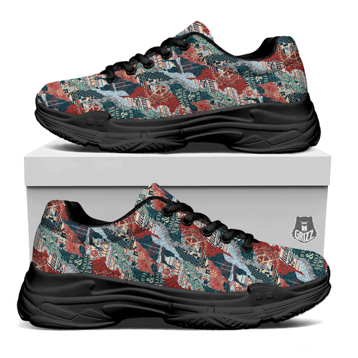Anchor Abstract Nautical Print Pattern Black Chunky Shoes-grizzshop