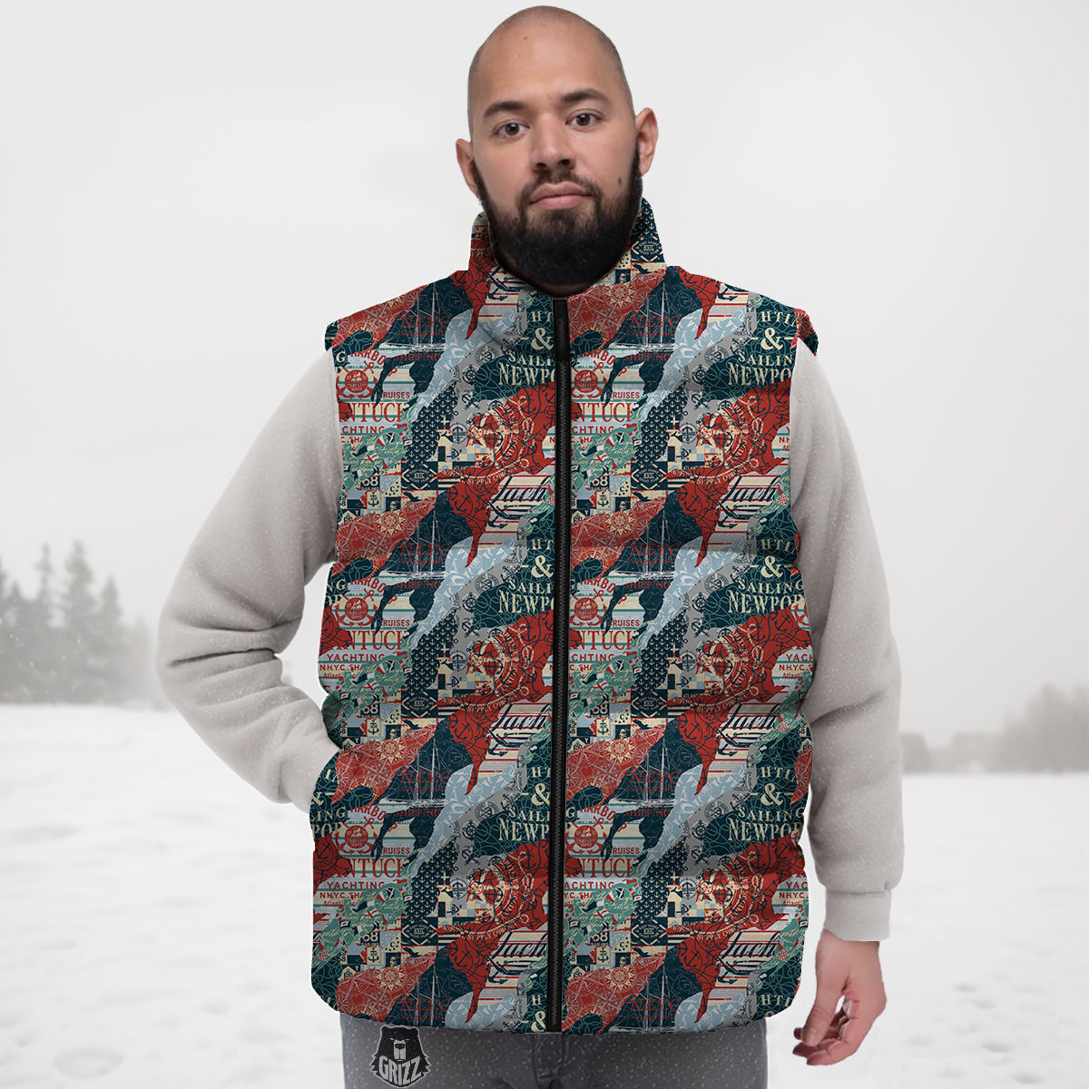 Anchor Abstract Nautical Print Pattern Down Vest-grizzshop