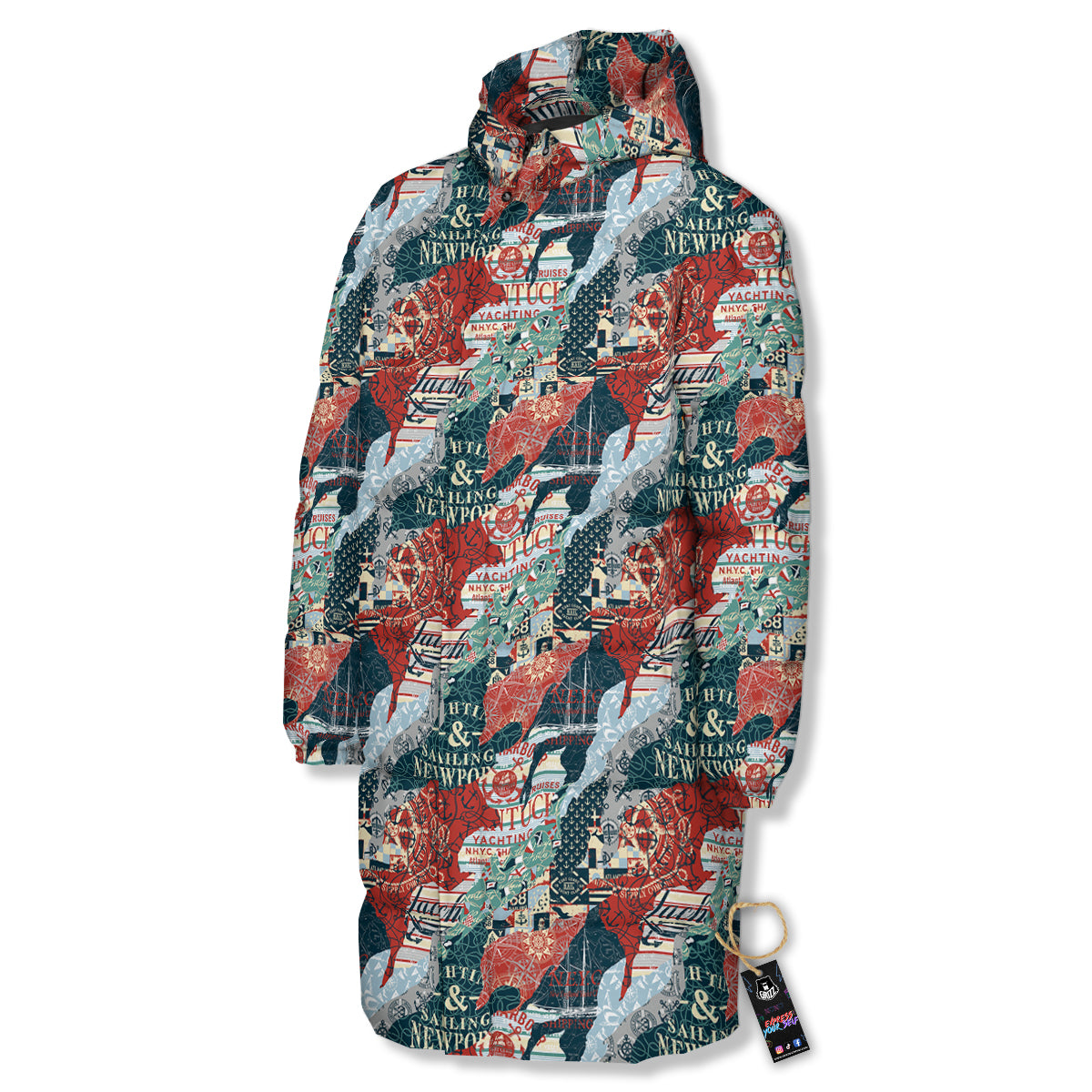 Anchor Abstract Nautical Print Pattern Long Down Jacket-grizzshop