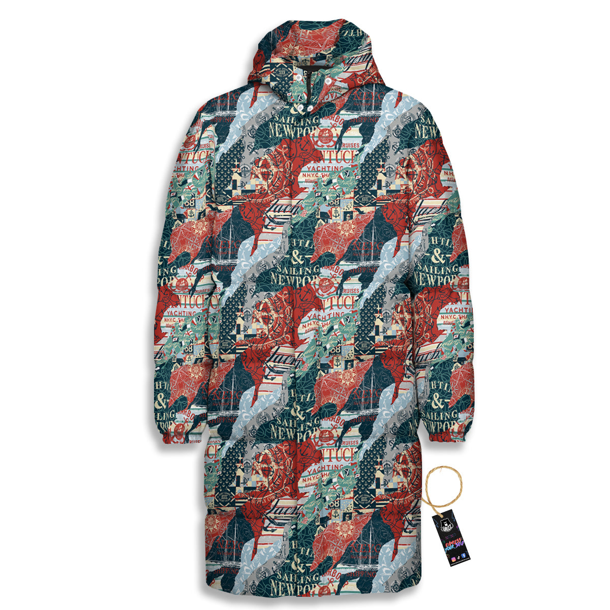 Anchor Abstract Nautical Print Pattern Long Down Jacket-grizzshop