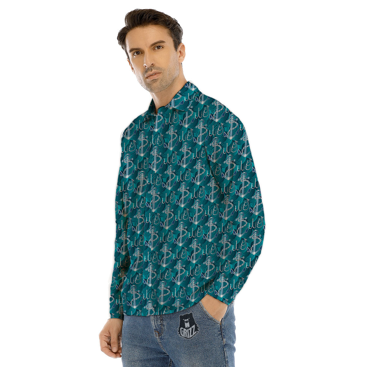 Anchor Blue Print Pattern Men's Dress Shirts-grizzshop