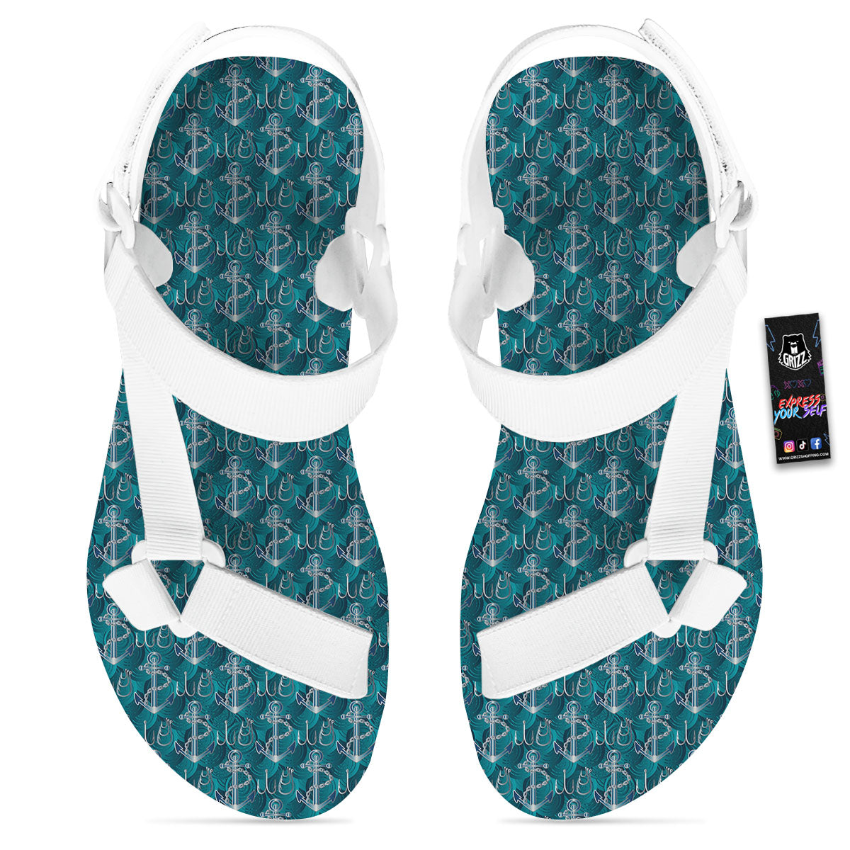 Anchor Blue Print Pattern White Open Toe Sandals-grizzshop