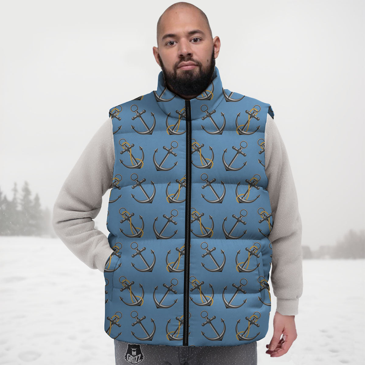 Anchor Nautical Print Pattern Down Vest-grizzshop