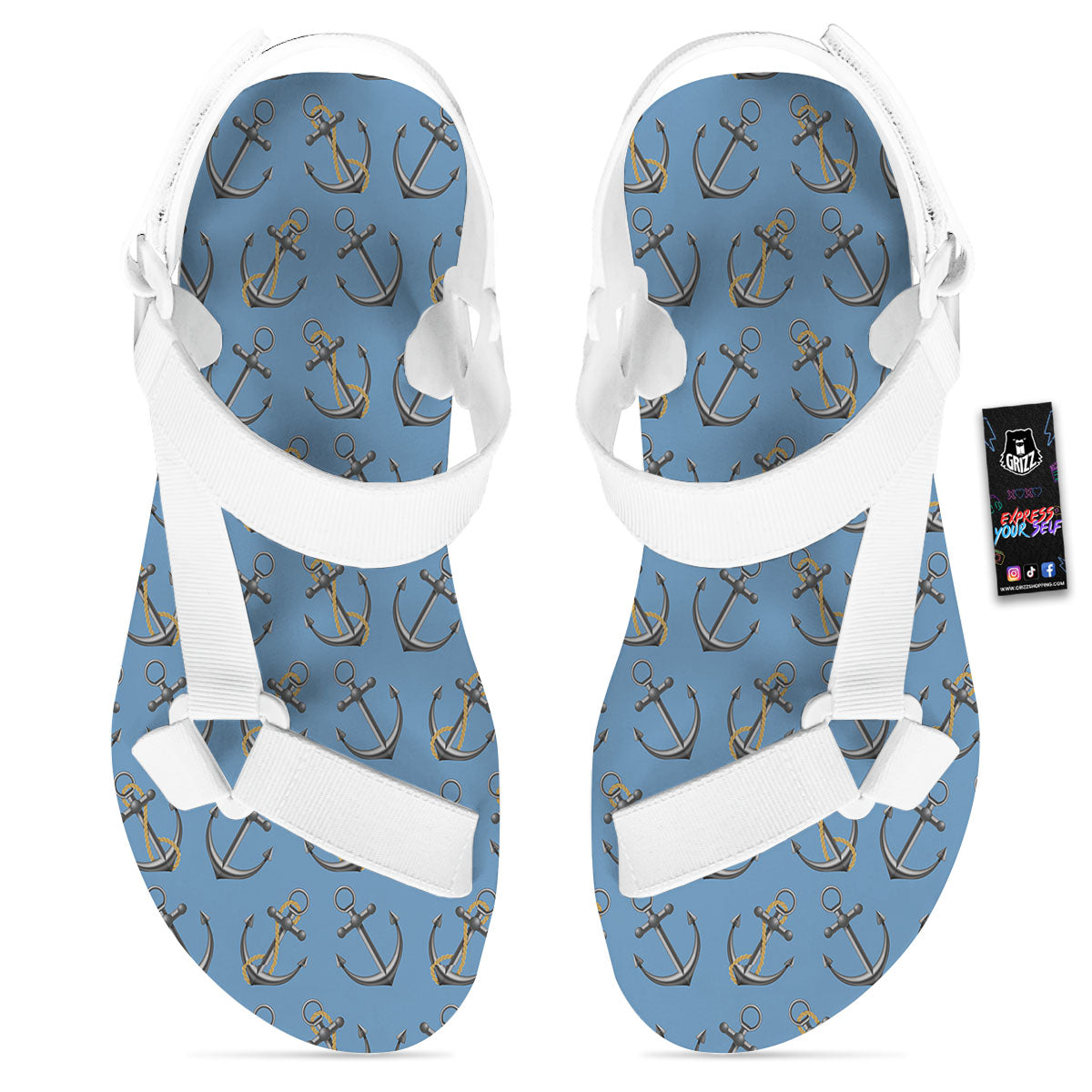 Anchor Nautical Print Pattern White Open Toe Sandals-grizzshop
