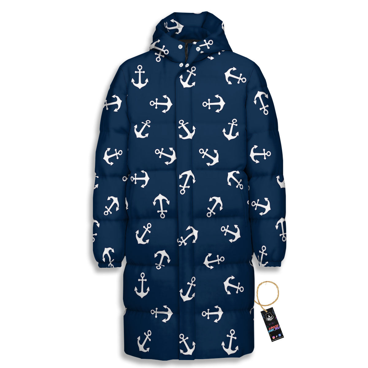 Anchor White And Blue Print Pattern Long Down Jacket-grizzshop