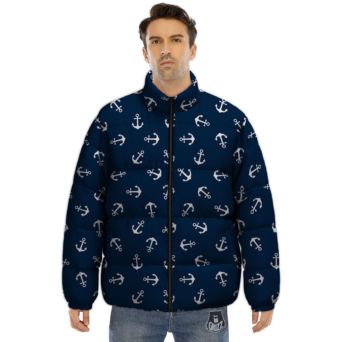 Anchor White And Blue Print Pattern Puffer Jacket-grizzshop