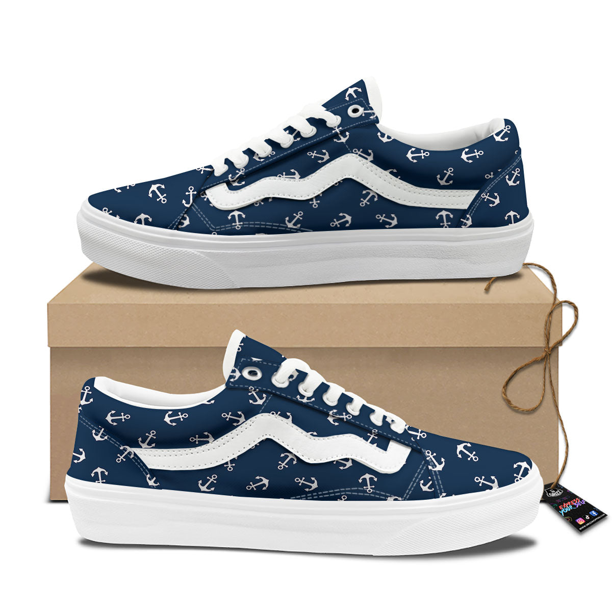 Anchor White And Blue Print Pattern Skate Shoes-grizzshop