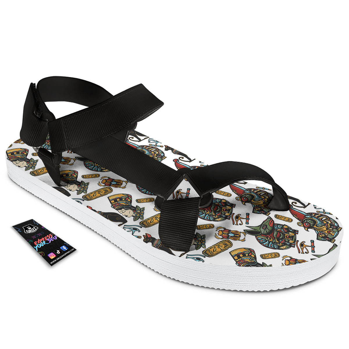 Ancient Egypt Old School Tattoo Print Pattern Black Open Toe Sandals-grizzshop