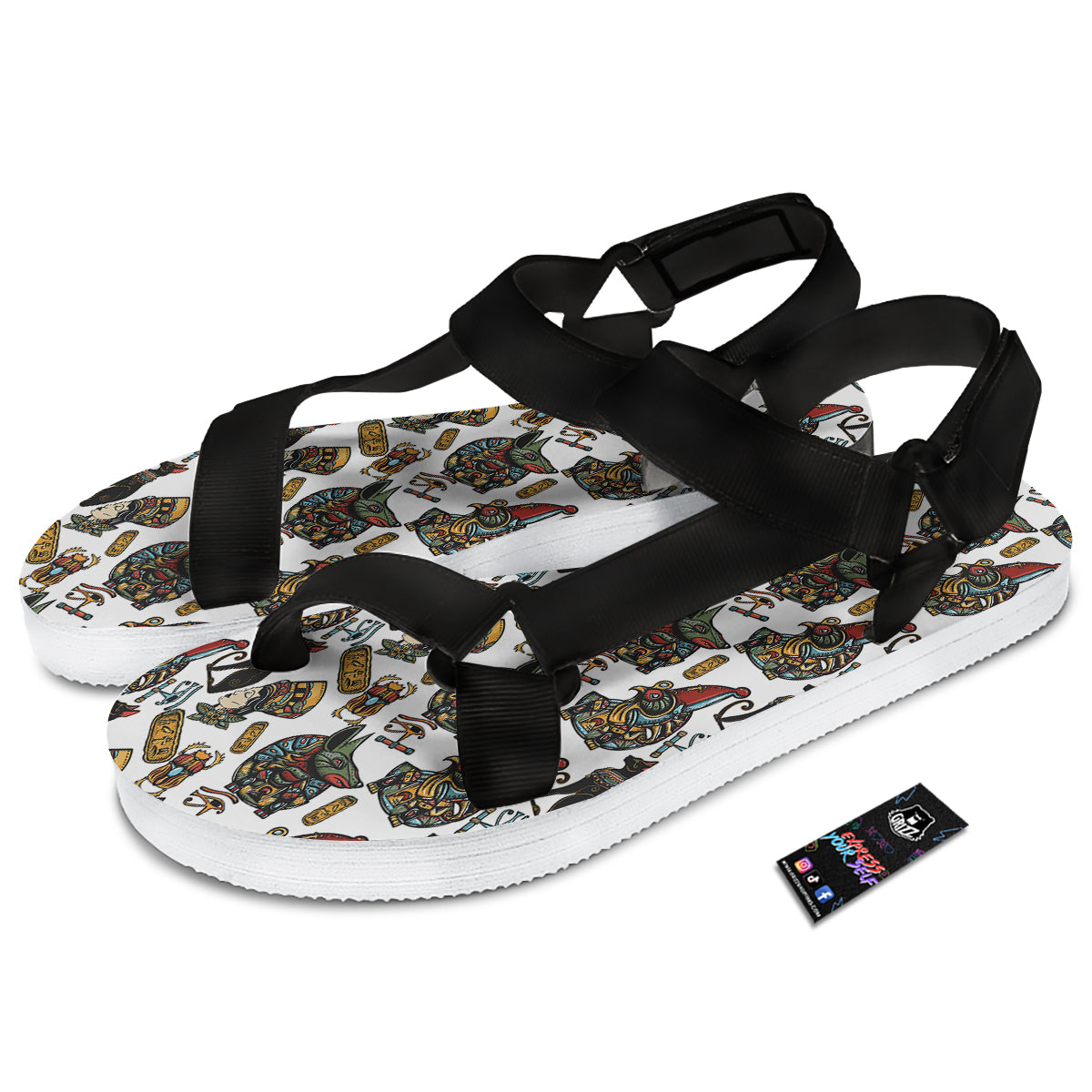 Ancient Egypt Old School Tattoo Print Pattern Black Open Toe Sandals-grizzshop