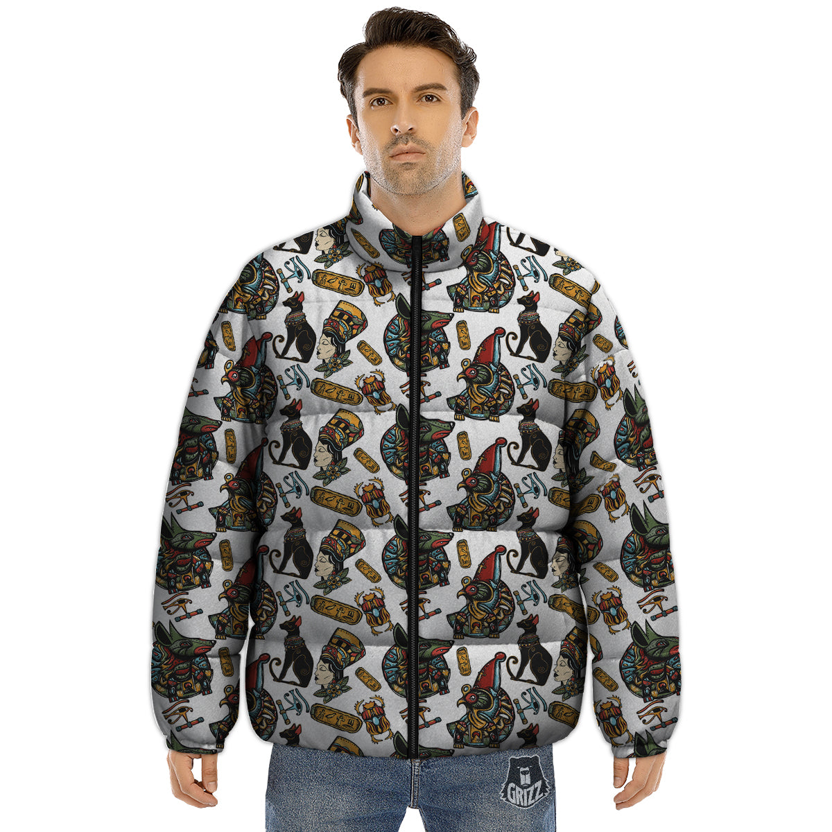 Ancient Egypt Old School Tattoo Print Pattern Puffer Jacket-grizzshop
