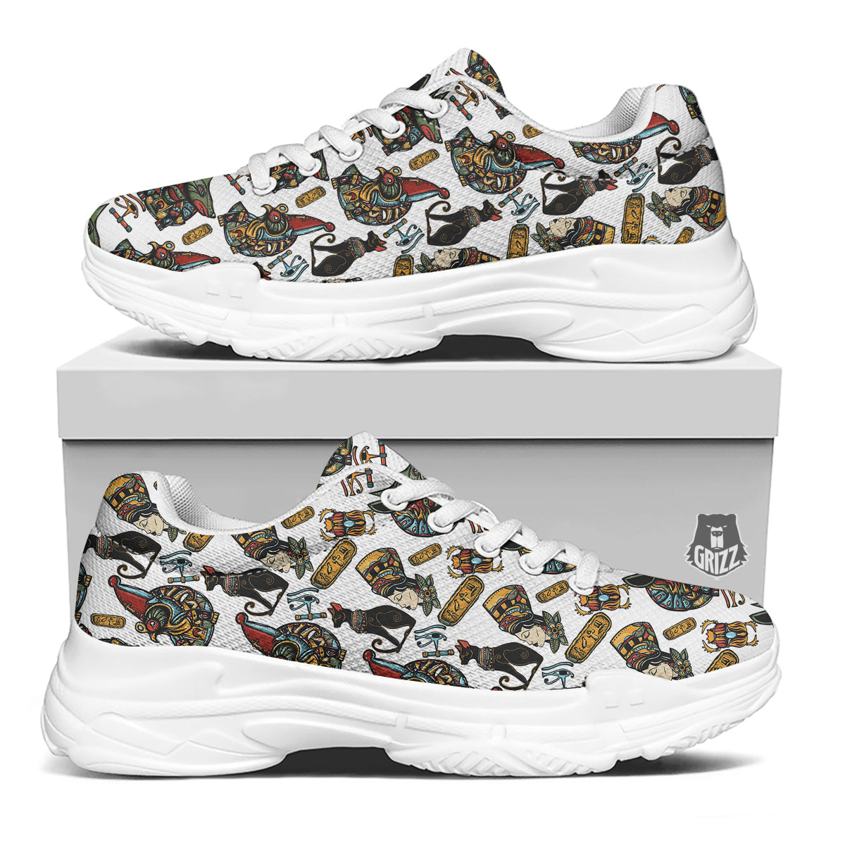 Ancient Egypt Old School Tattoo Print Pattern White Chunky Shoes-grizzshop