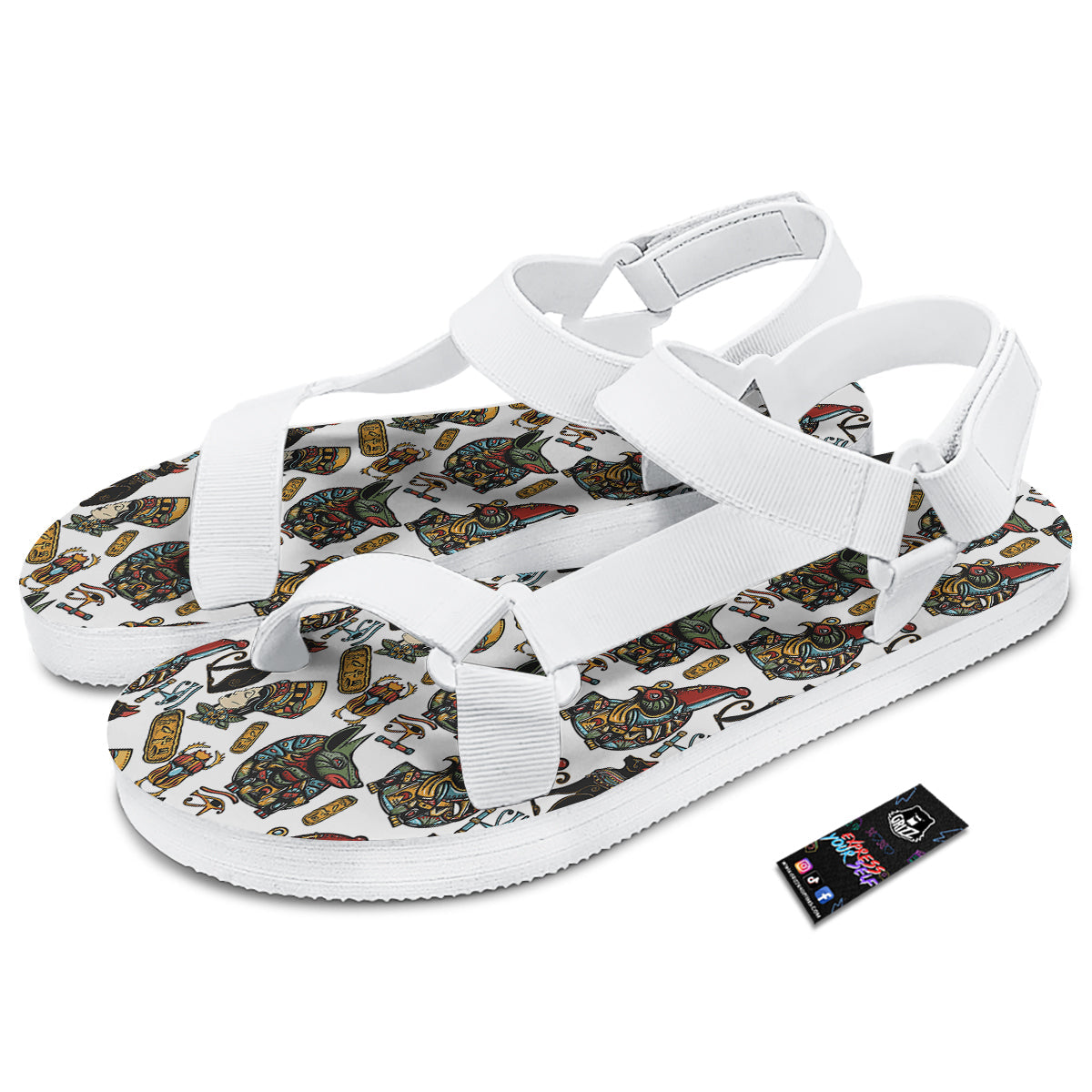 Ancient Egypt Old School Tattoo Print Pattern White Open Toe Sandals-grizzshop